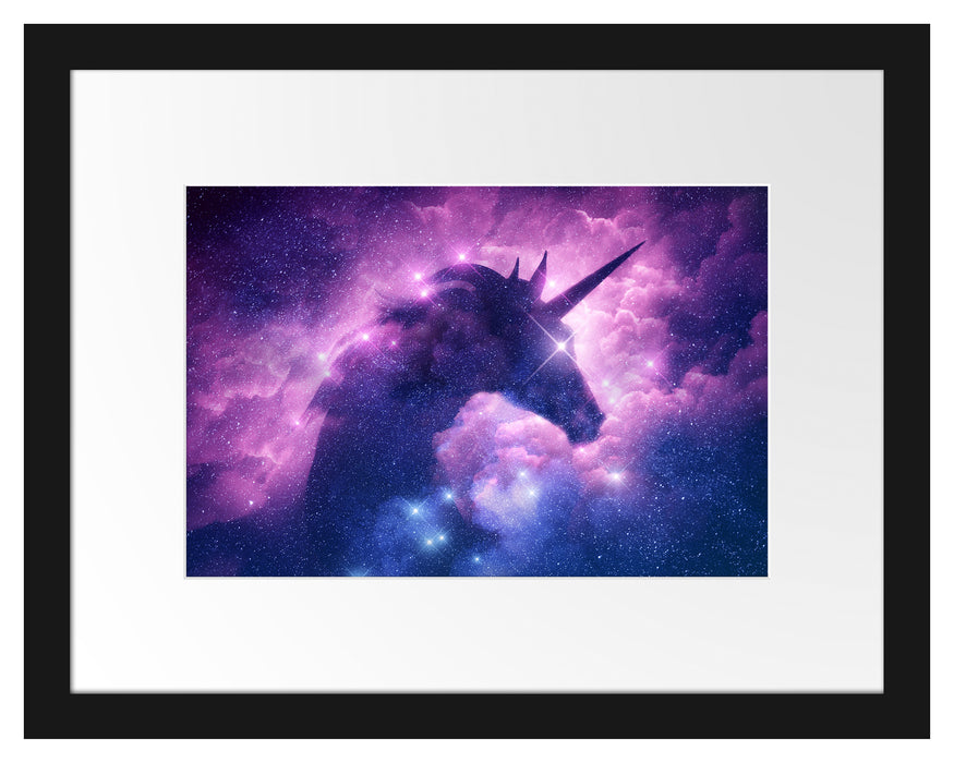 Pixxprint Einhorn Silhouette Galaxie, im Galerie-Passepartout Bilderrahmen