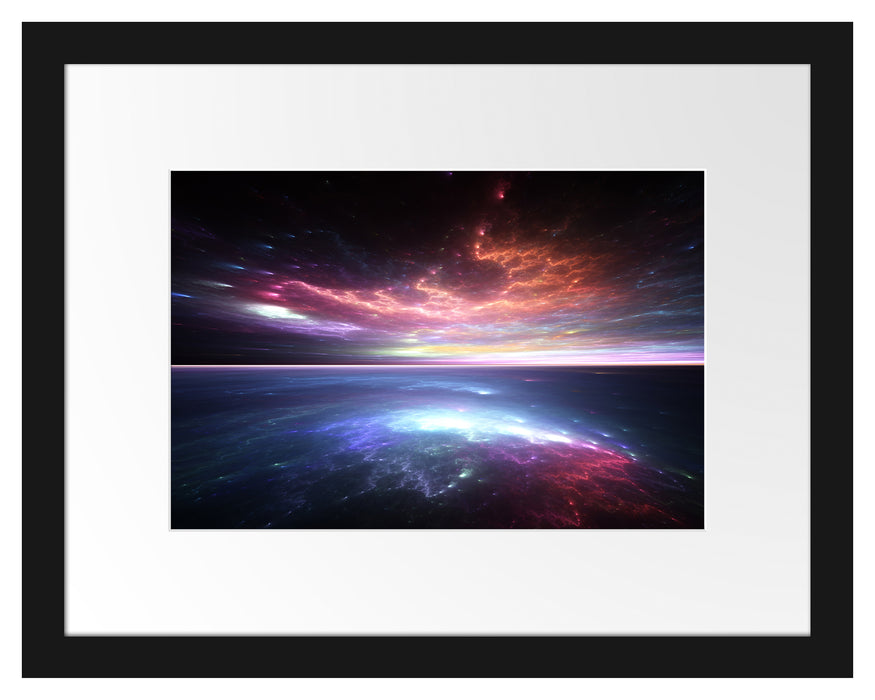 Pixxprint Horizont unter bunter Wolkendecke, im Galerie-Passepartout Bilderrahmen