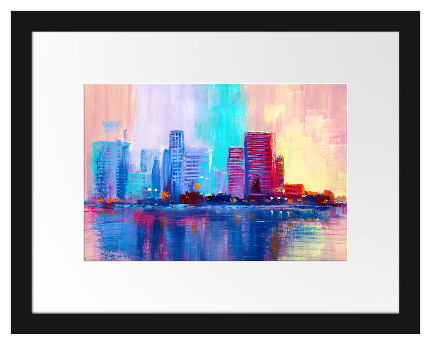 Pixxprint Abstraktes Ölgemälde einer Skyline, im Galerie-Passepartout Bilderrahmen