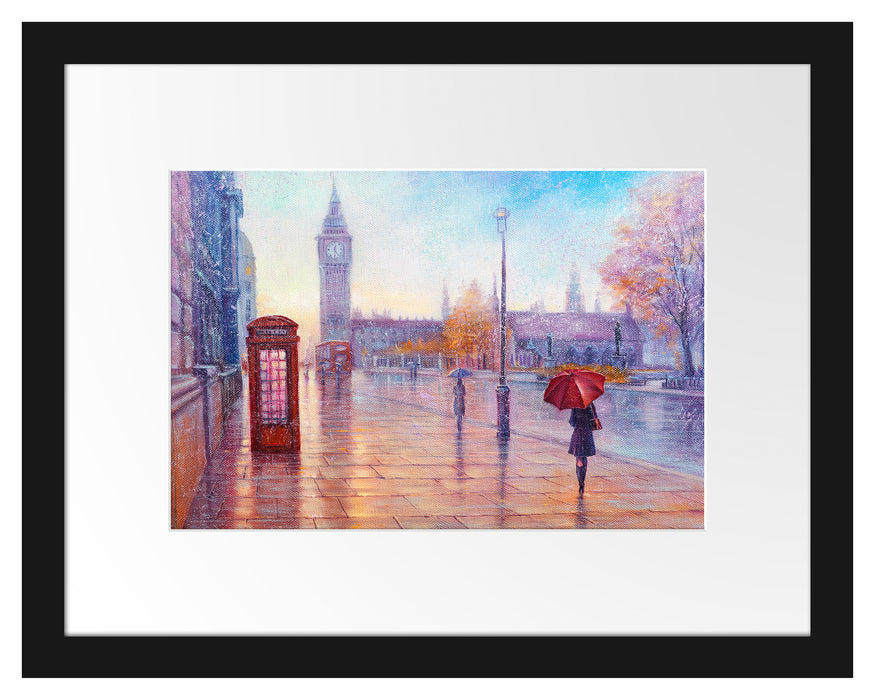 Pixxprint Regentag in London mit Big Ben, im Galerie-Passepartout Bilderrahmen