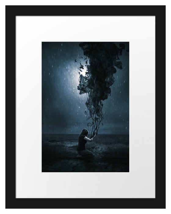 Pixxprint Kniende Frau mit dunklen Dämonen, im Galerie-Passepartout Bilderrahmen