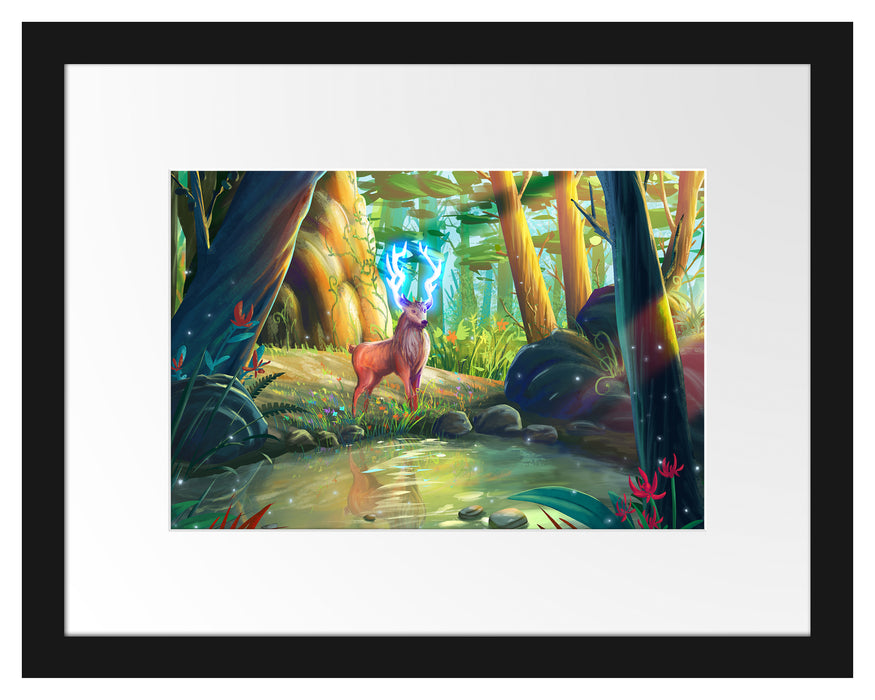 Pixxprint Märchenhafter Hirsch an buntem Waldsee, im Galerie-Passepartout Bilderrahmen