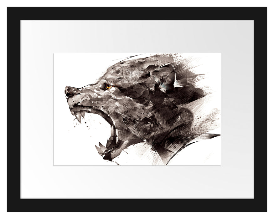 Pixxprint Abstrakter Wolfskopf im Profil, im Galerie-Passepartout Bilderrahmen