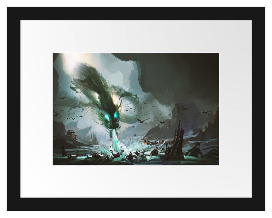 Pixxprint Böser Wasserdrache greift Dorf an, im Galerie-Passepartout Bilderrahmen