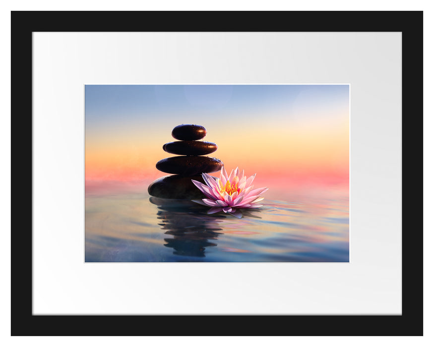 Pixxprint Zensteine mit Seerose im Sonnenuntergang, im Galerie-Passepartout Bilderrahmen
