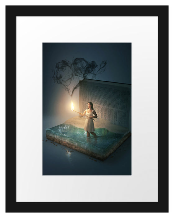 Pixxprint Frau mit Fackel steigt aus Buch, im Galerie-Passepartout Bilderrahmen
