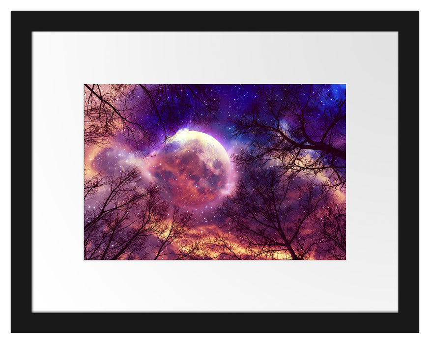 Pixxprint Farbenvolle Sternennacht bei Vollmond, im Galerie-Passepartout Bilderrahmen