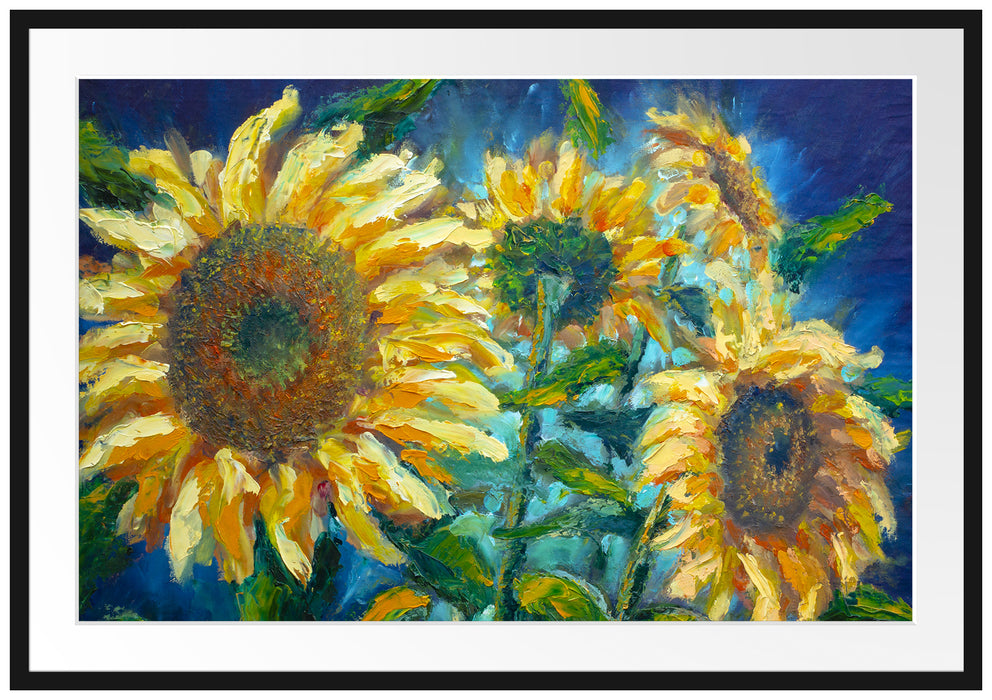 Sonnenblumen vor blauem Hintergrund Passepartout Rechteckig 100