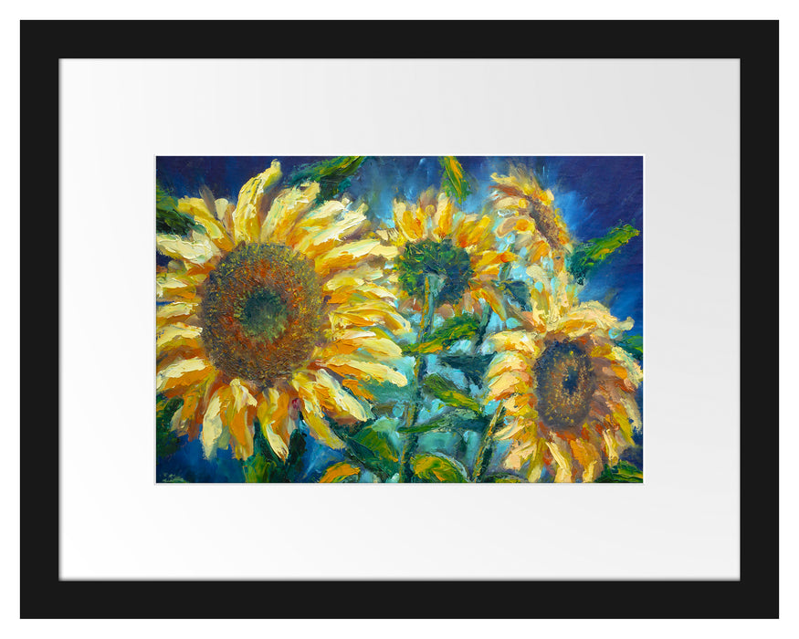 Pixxprint Sonnenblumen vor blauem Hintergrund, im Galerie-Passepartout Bilderrahmen