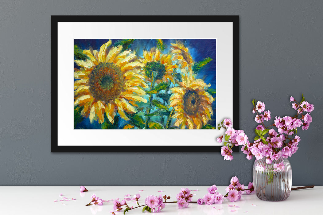 Sonnenblumen vor blauem Hintergrund Passepartout Detail Rechteckig