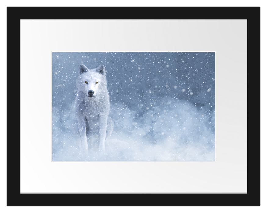 Pixxprint Majestätischer weißer Wolf im Schnee, im Galerie-Passepartout Bilderrahmen