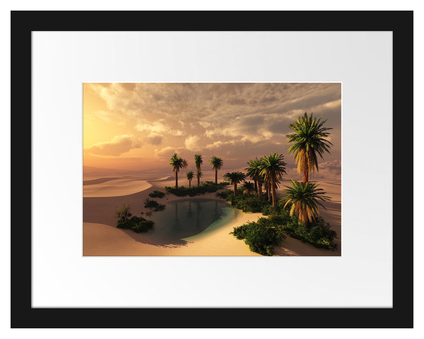 Pixxprint Oase in der Wüste bei Sonnenuntergang, im Galerie-Passepartout Bilderrahmen