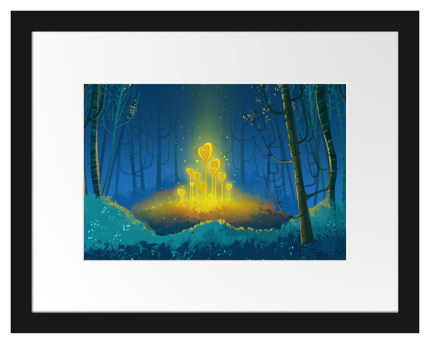 Pixxprint Leuchtende Zauberblumen im Wald, im Galerie-Passepartout Bilderrahmen