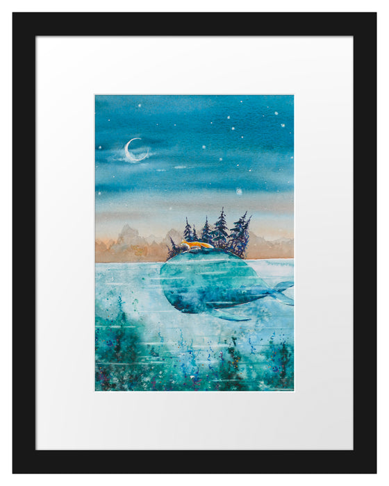 Pixxprint Fuchs reitet auf Wal bei Nacht, im Galerie-Passepartout Bilderrahmen