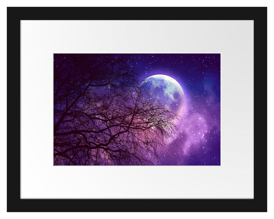Pixxprint Winterbaum vor Vollmondnacht, im Galerie-Passepartout Bilderrahmen