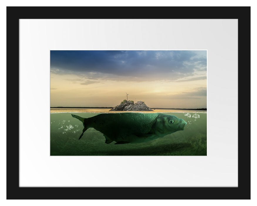 Pixxprint Abstrakter Fisch mit Felsrücken, im Galerie-Passepartout Bilderrahmen