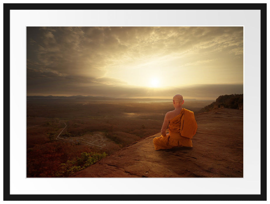 Mönch meditiert auf Felsvorsprung Passepartout Rechteckig 80