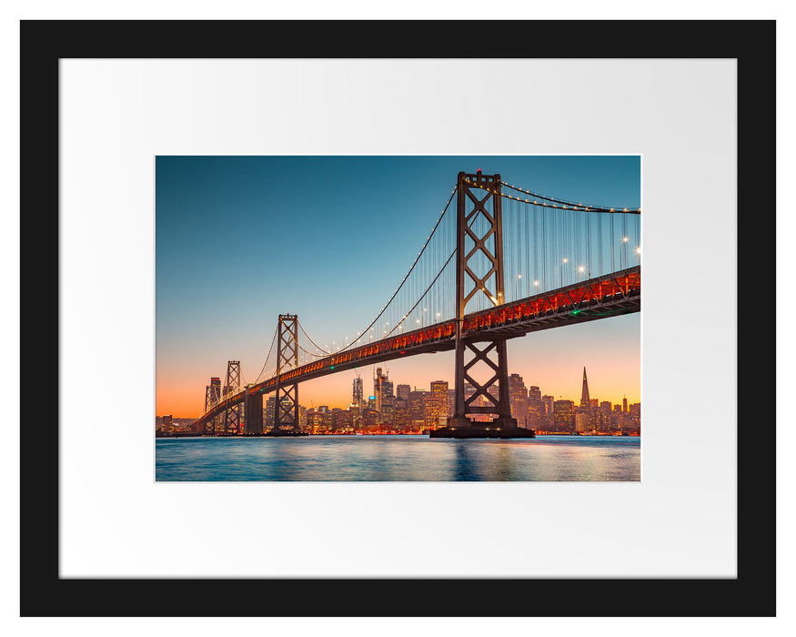 Pixxprint Oakland Bay Brücke bei Sonnenuntergang, im Galerie-Passepartout Bilderrahmen