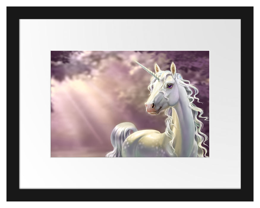 Pixxprint Magisches Einhorn im Zauberwald, im Galerie-Passepartout Bilderrahmen