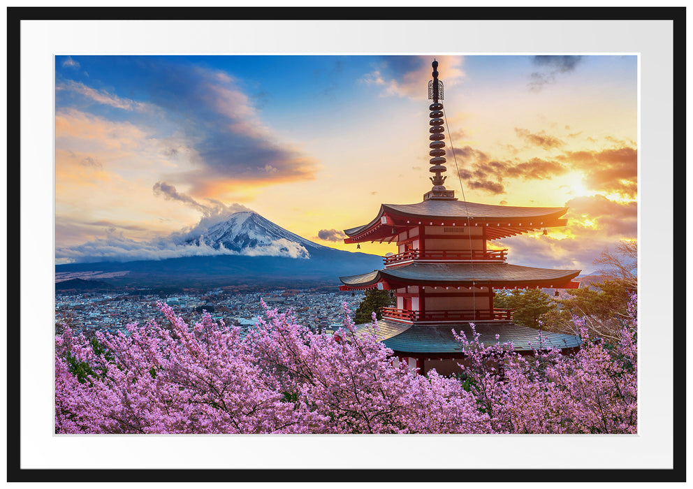 Japanischer Tempel zwischen Kirschblüten Passepartout Rechteckig 100