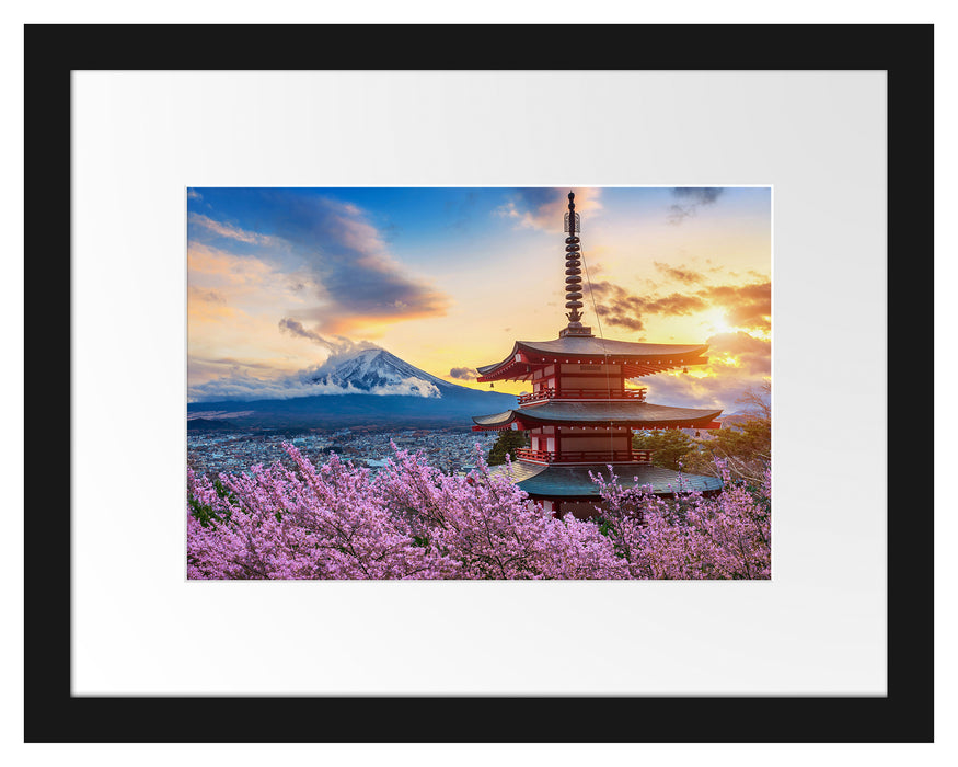 Pixxprint Japanischer Tempel zwischen Kirschblüten, im Galerie-Passepartout Bilderrahmen