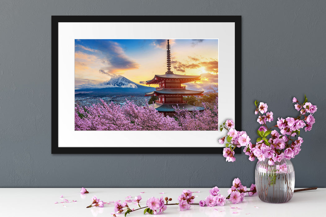 Japanischer Tempel zwischen Kirschblüten Passepartout Detail Rechteckig