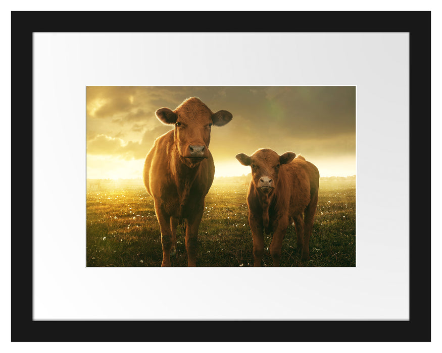 Pixxprint Kuh und Kalb im Sonnenuntergang auf Wiese, im Galerie-Passepartout Bilderrahmen