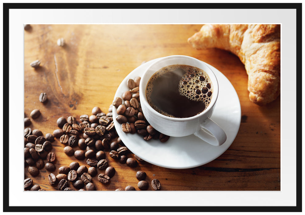 Tasse Kaffee mit Bohnen und Croissant Passepartout Rechteckig 100