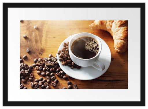 Tasse Kaffee mit Bohnen und Croissant Passepartout Rechteckig 40