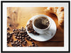 Tasse Kaffee mit Bohnen und Croissant Passepartout Rechteckig 80