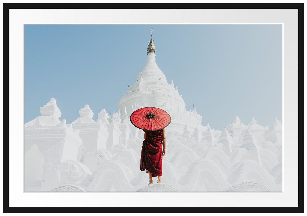 Mönch in rotem Gewand vor weißem Tempel Passepartout Rechteckig 100