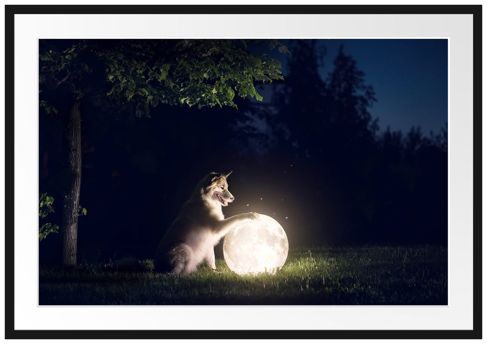 Hund mit leuchtendem Mond bei Nacht Passepartout Rechteckig 100