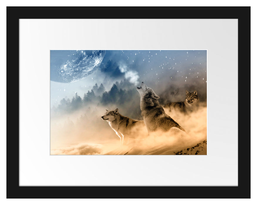 Pixxprint Wölfe in der Wüste heulen Vollmond an, im Galerie-Passepartout Bilderrahmen