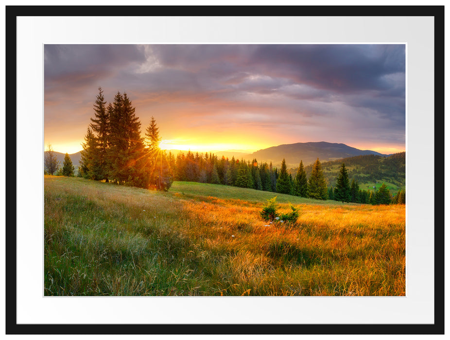 Wiesenlandschaft bei Sonnenuntergang Passepartout Rechteckig 80