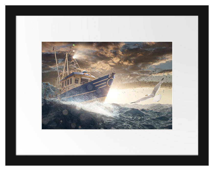 Pixxprint Fischerboot im Sturm auf hoher See, im Galerie-Passepartout Bilderrahmen