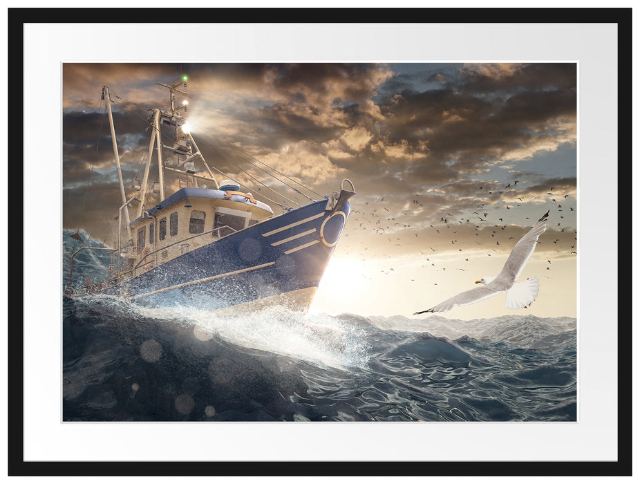 Fischerboot im Sturm auf hoher See Passepartout Rechteckig 80