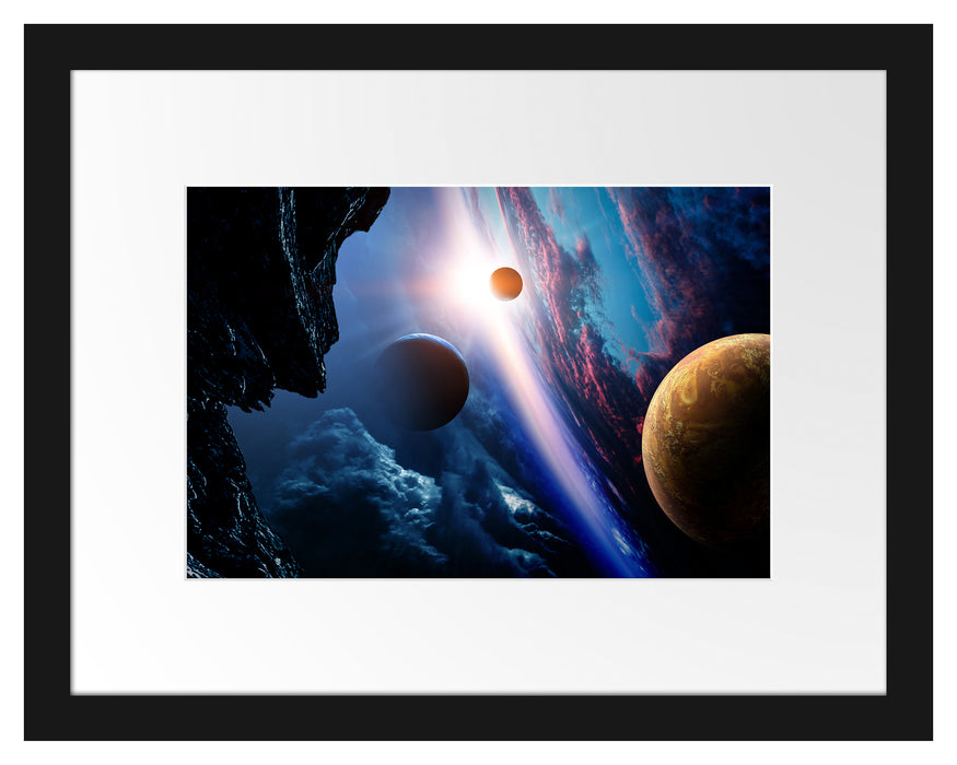 Pixxprint Abstrakte Planeten im Weltraum, im Galerie-Passepartout Bilderrahmen