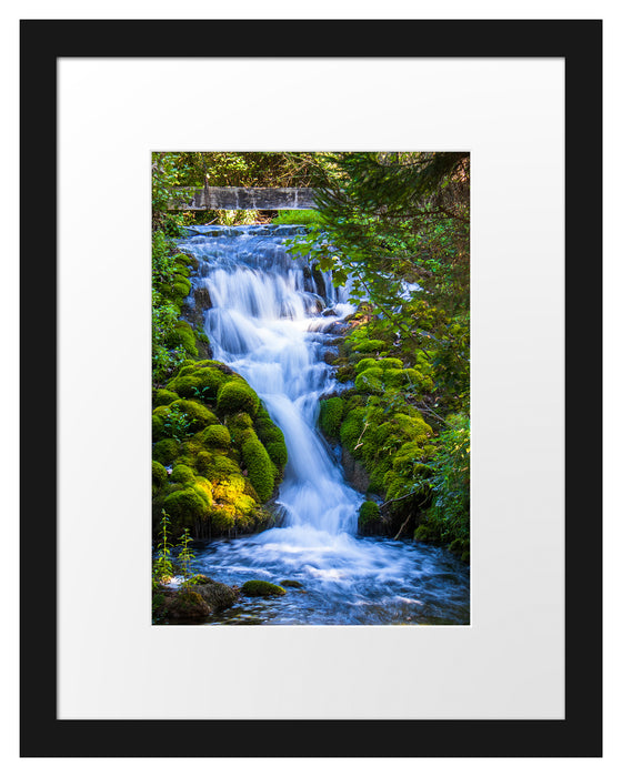 Pixxprint Wasserfall im grünen Wald, im Galerie-Passepartout Bilderrahmen