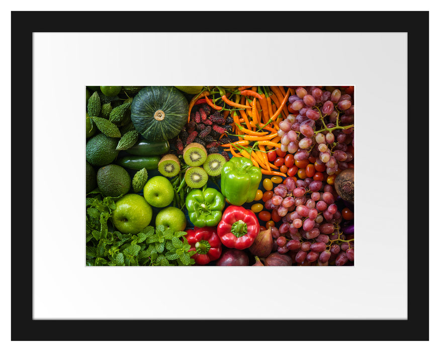 Pixxprint Verschiedene bunte Früchte von oben, im Galerie-Passepartout Bilderrahmen