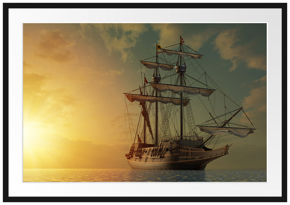 Großes Segelschiff im Sonnenuntergang Passepartout Rechteckig 100