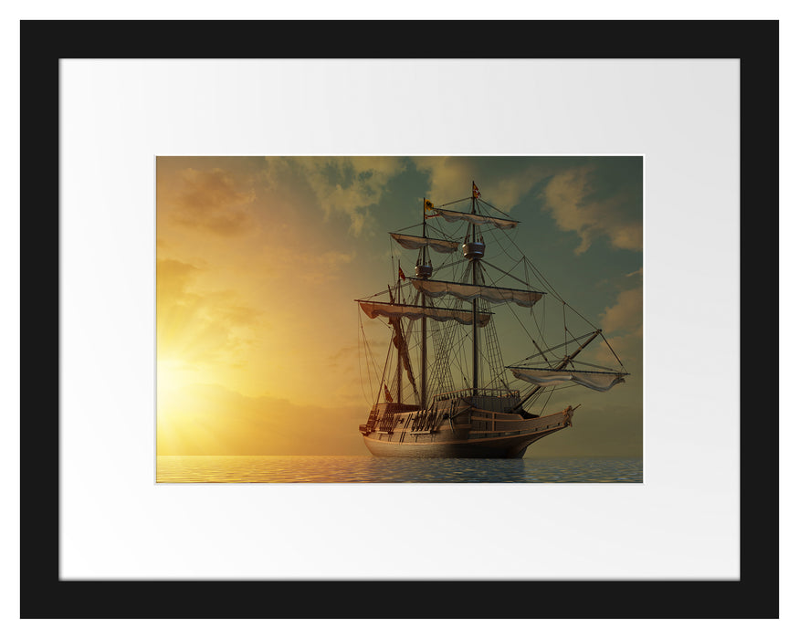 Pixxprint Großes Segelschiff im Sonnenuntergang, im Galerie-Passepartout Bilderrahmen
