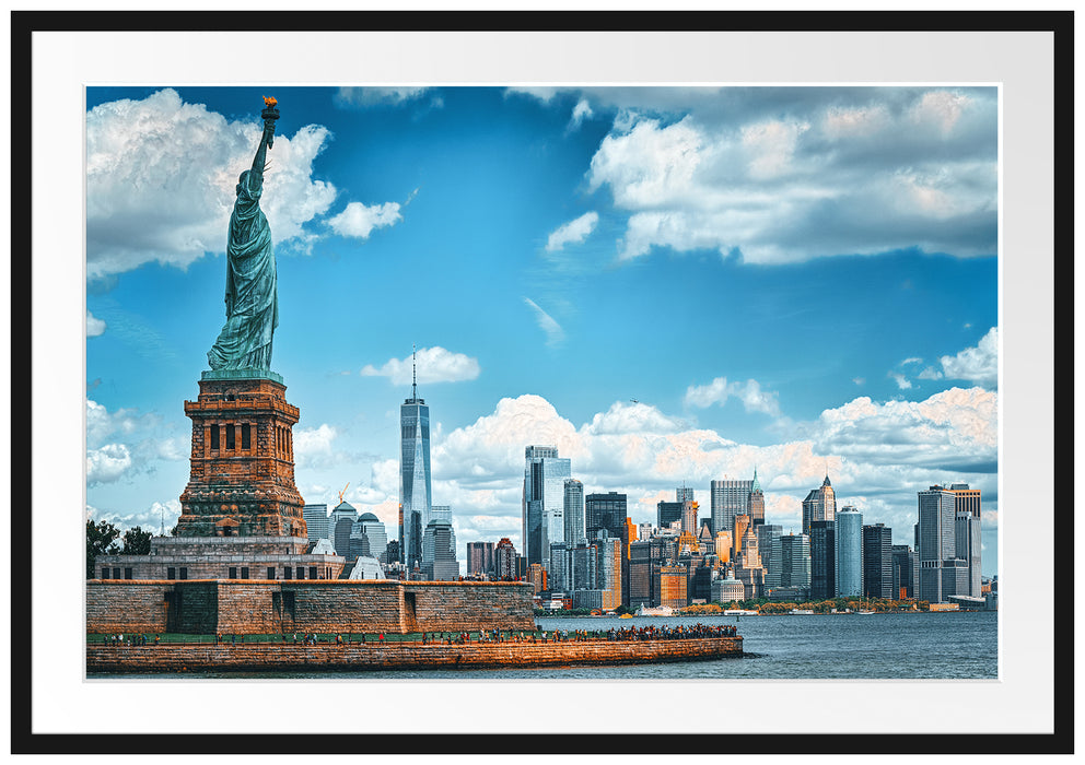 Freiheitsstatue mit New Yorker Skyline Passepartout Rechteckig 100