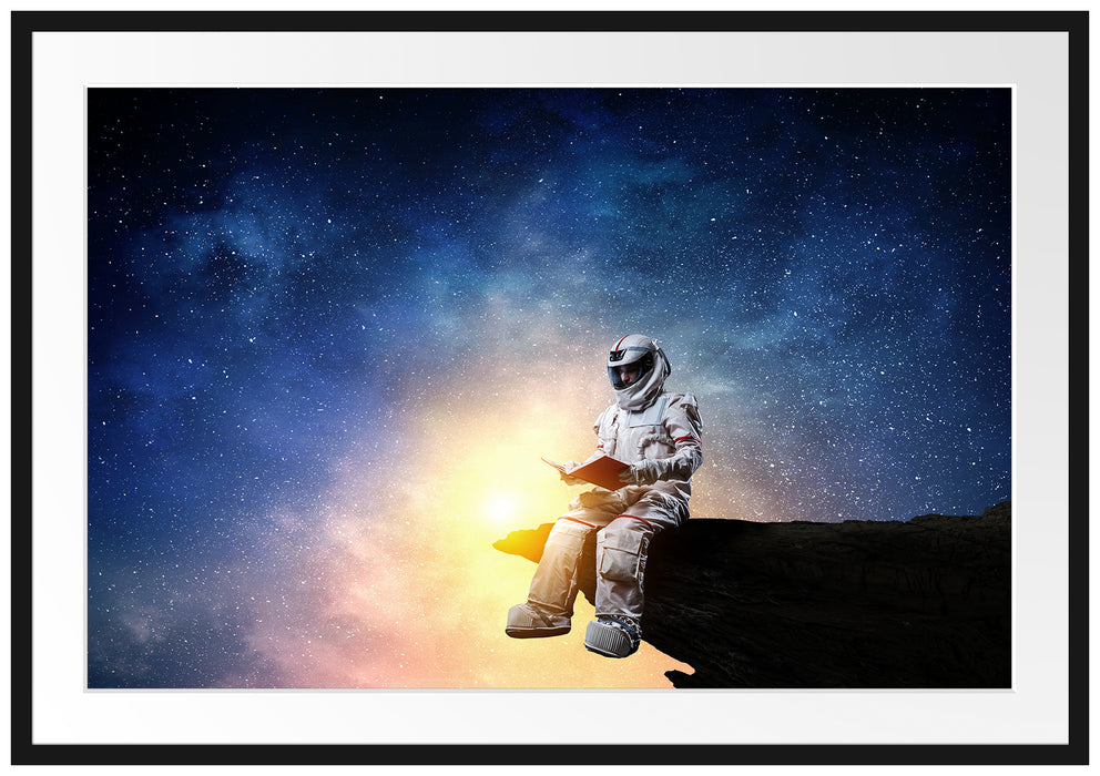 Lesender Astronaut auf Vorsprung vor Galaxie Passepartout Rechteckig 100