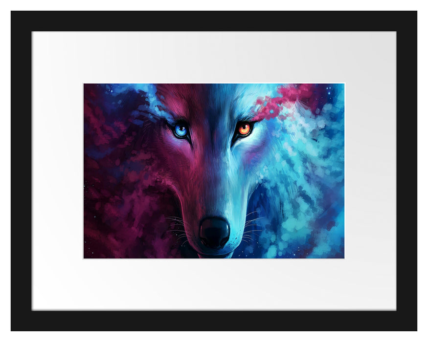 Pixxprint Abstrakter Wolf mit rauchenden Augen, im Galerie-Passepartout Bilderrahmen