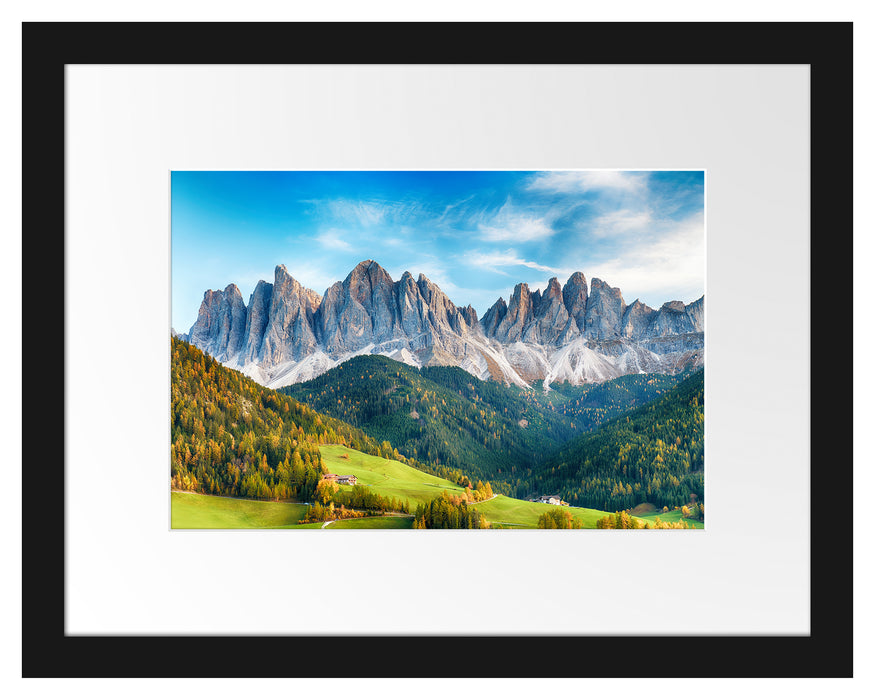 Pixxprint Bunte Waldlandschaft vor den Dolomiten, im Galerie-Passepartout Bilderrahmen