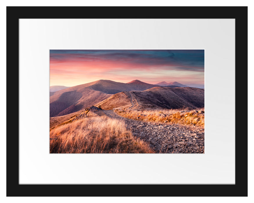 Pixxprint Steinlandschaft bei Sonnenuntergang, im Galerie-Passepartout Bilderrahmen