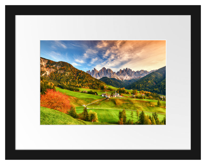 Pixxprint Herbstliche Landschaft in den Dolomiten, im Galerie-Passepartout Bilderrahmen