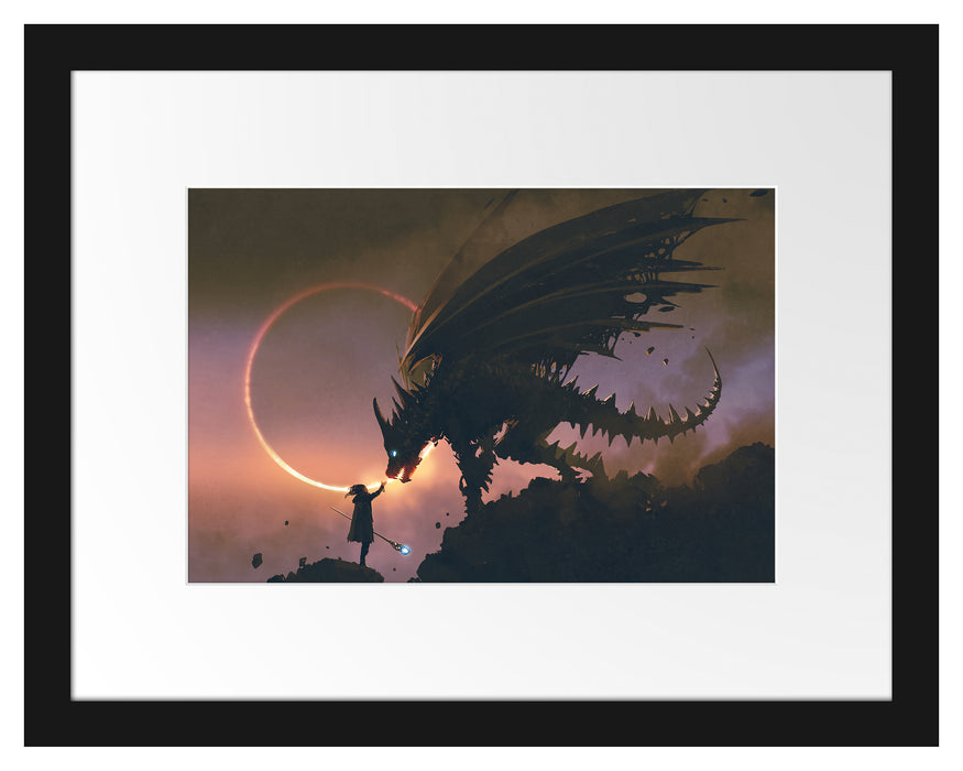 Pixxprint Zauberer und Drache bei Sonnenfinsternis, im Galerie-Passepartout Bilderrahmen