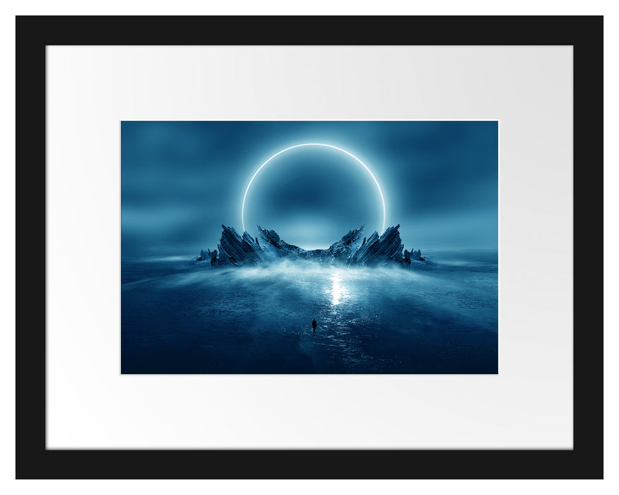 Pixxprint Abstrakter Mond hinter Felsformation, im Galerie-Passepartout Bilderrahmen