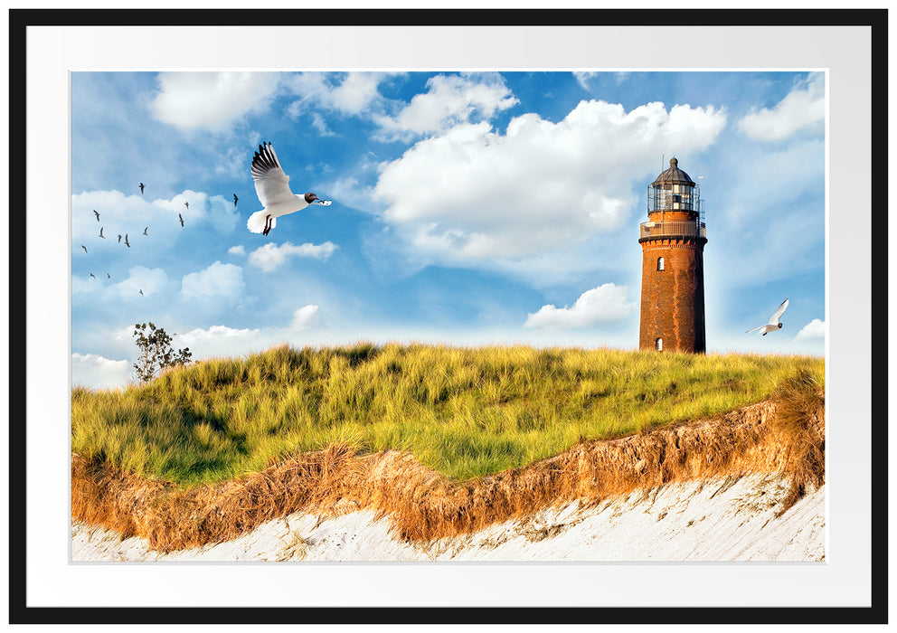 Möwen fliegen am Meer vor Leuchtturm Passepartout Rechteckig 100